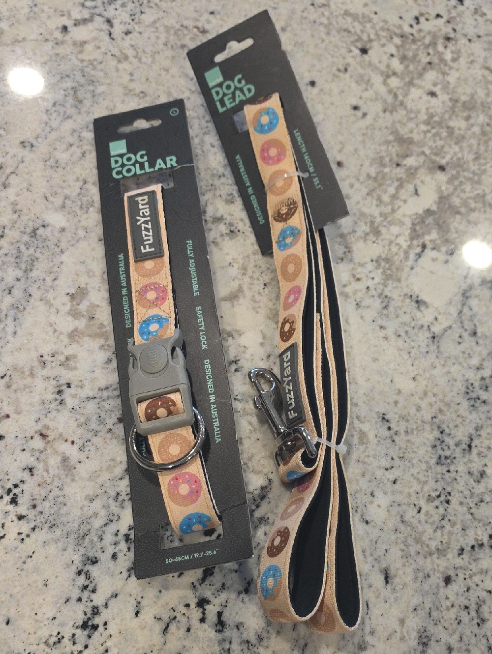 FuzzYard Donut Print Dog Collar & Lead Set - Tan with Blue & Pink Donuts